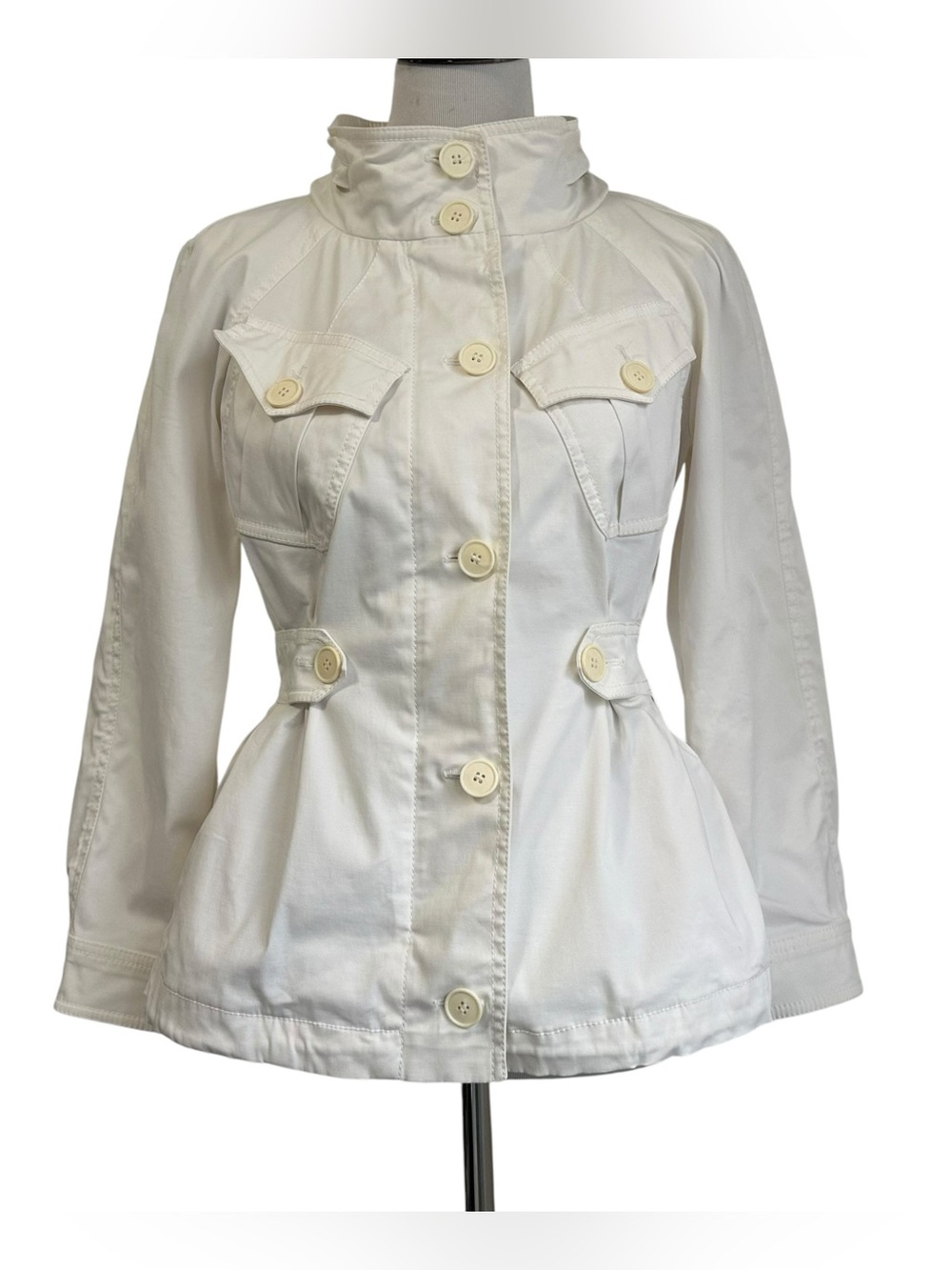 Moschino Womens Hooded Untility Jacket Sz 8 Ivory Cream Zip Up Hood Pockets